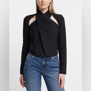 Twist Neck Cutout Long Sleeve Open Back Top, black, small